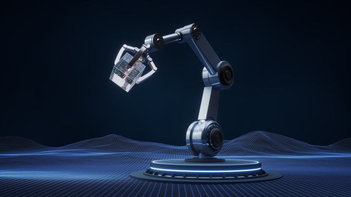 机械臂与蓝色科技线条背景3D渲染