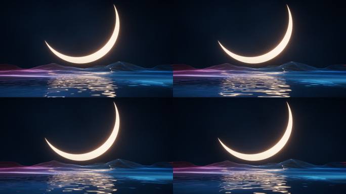 新月与蓝色科技网络背景3D渲染