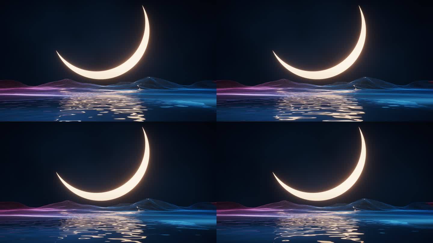 新月与蓝色科技网络背景3D渲染