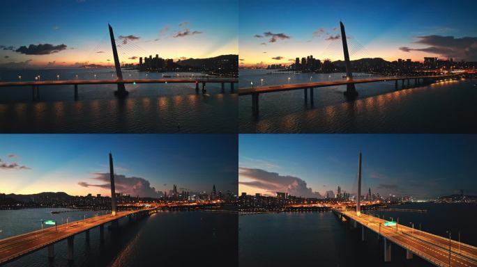 航拍深圳湾大桥夕阳环绕长镜头