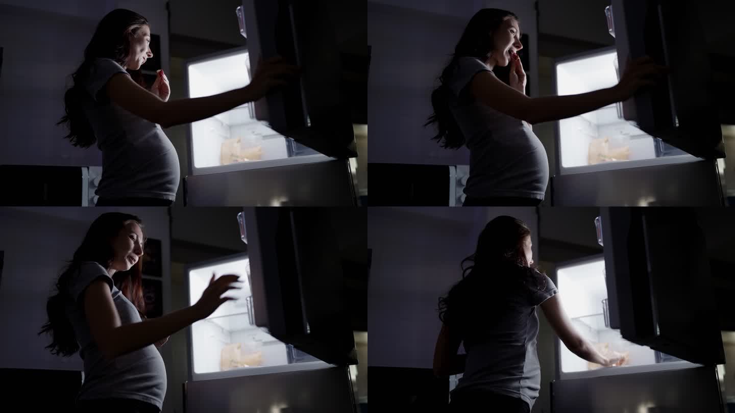 孕妇晚上打开冰箱。