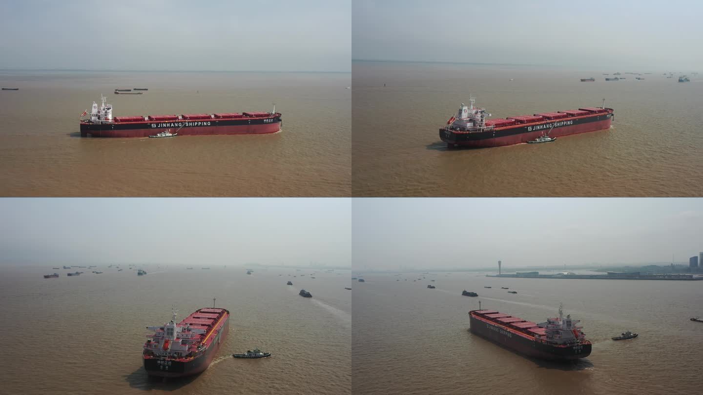 4K原素材-航拍上海长江口出海的巨型货轮