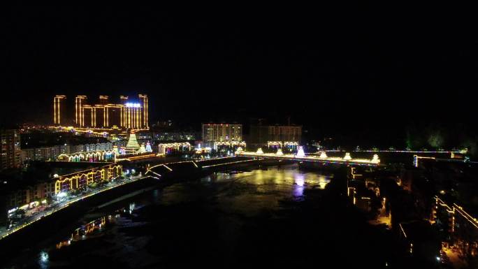 城市航拍湖南新晃晃州风雨桥夜景 (2)