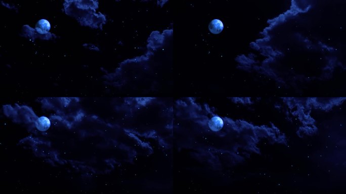 【HD天空】蓝色月光月亮薄云夜晚奇幻月空