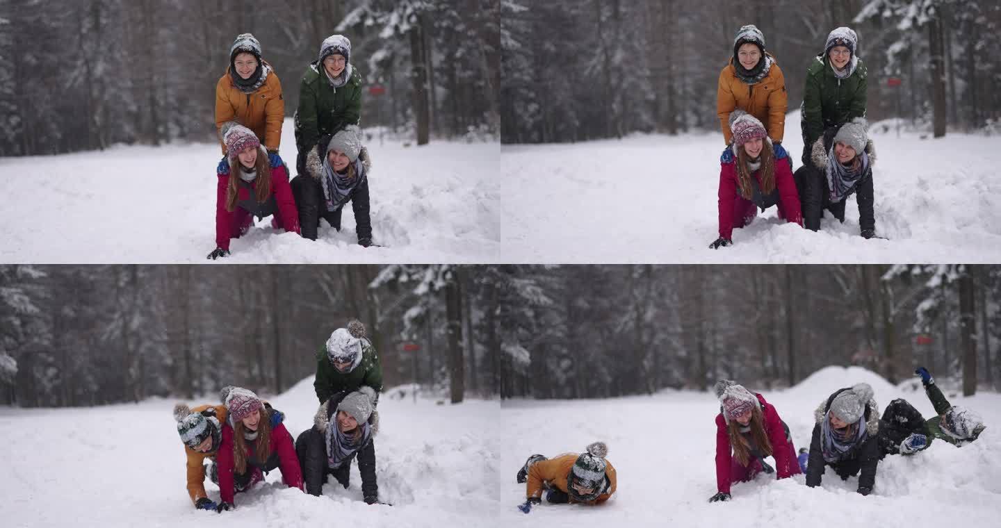 冬日里，一家人在美丽的森林里玩雪
