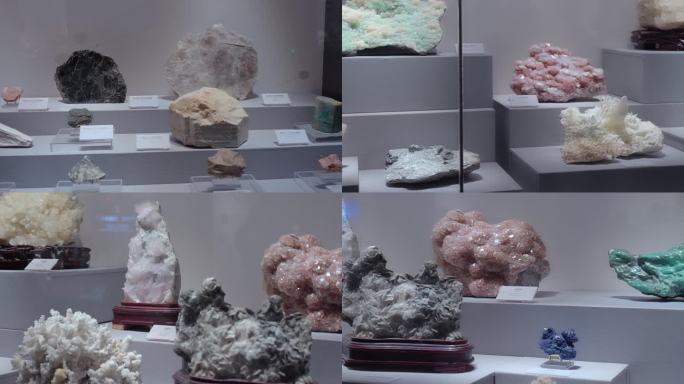 橱窗里珍贵奇异石头展览展示
