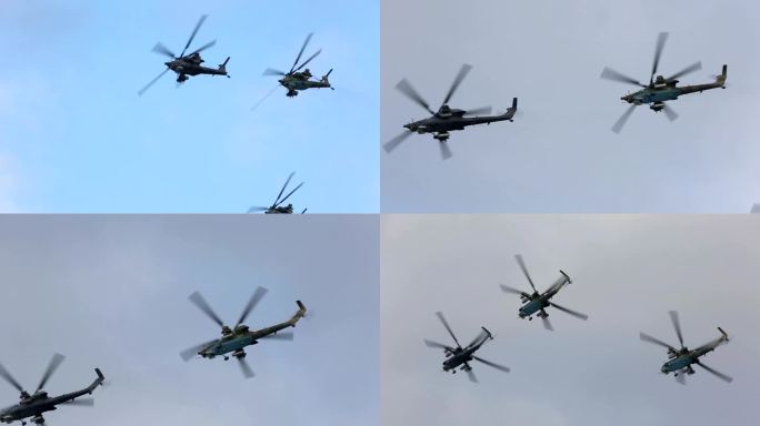 俄罗斯军用直升机常规武器列队飞行表演