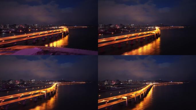 大连星海广场跨海大桥星海湾冬季初雪夜景