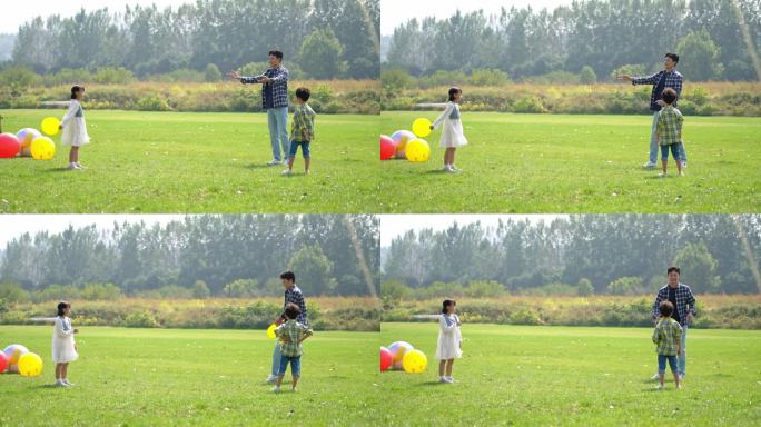 爸爸和孩子在草地上扔飞盘
