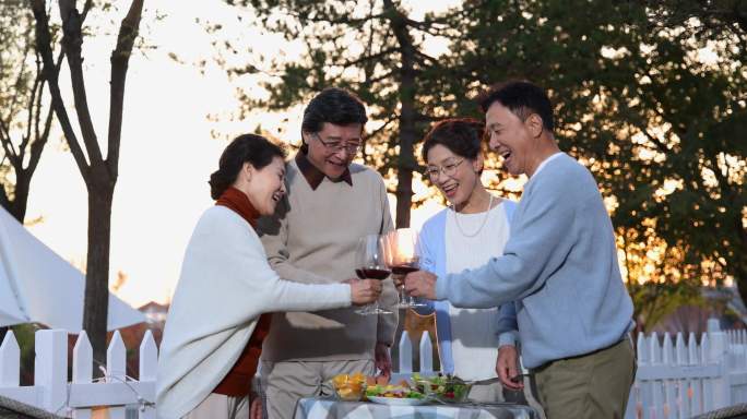 夕阳下中老年朋友在庭院里聚会喝酒干杯