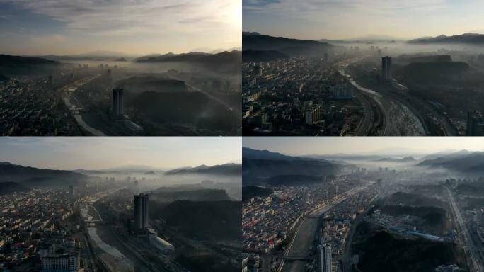 航拍冬日平流雾中的城市
