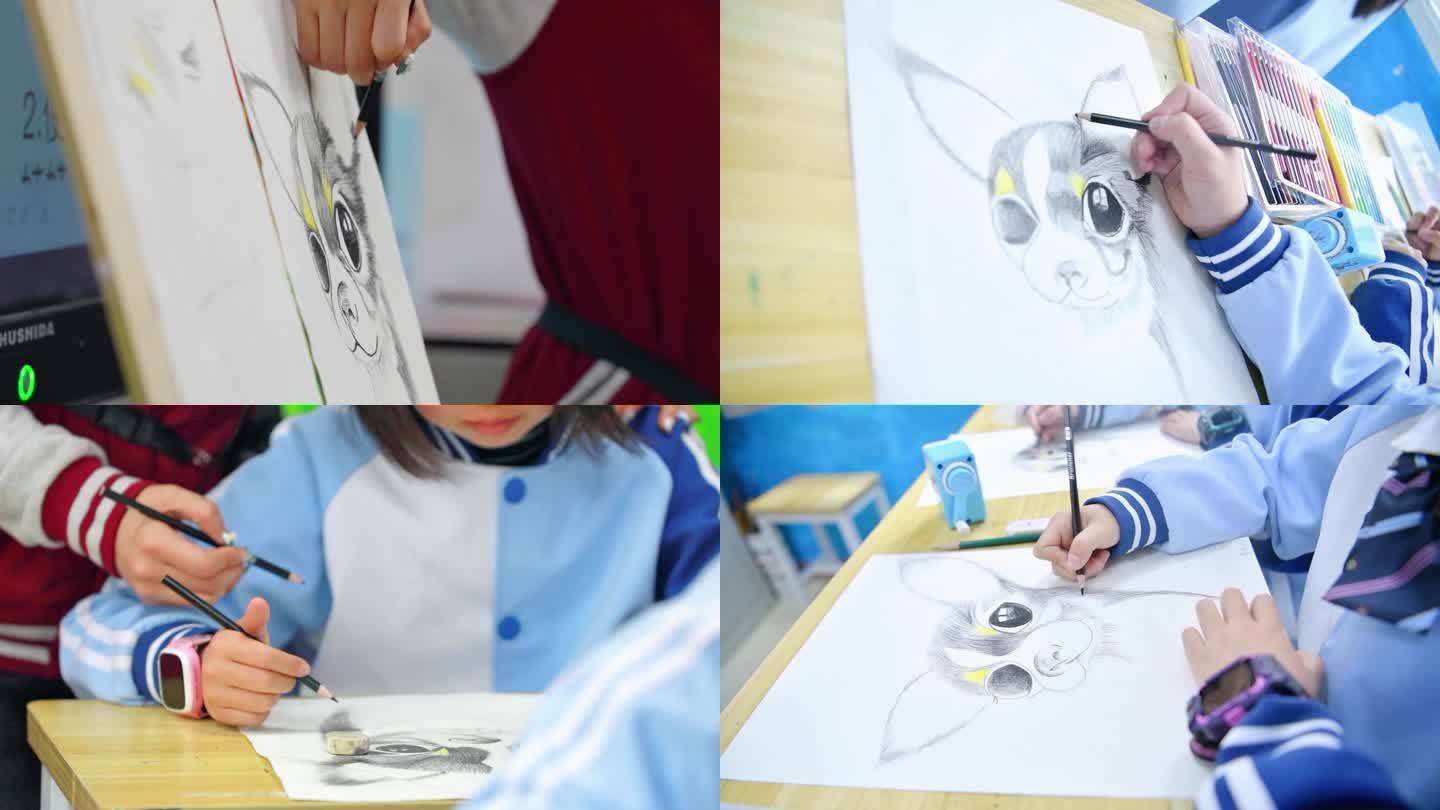 儿童学生小孩在教室临摹学彩铅画画