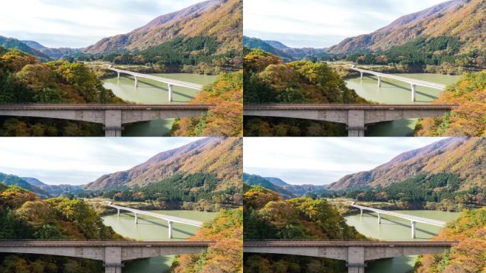 时间流逝：日本福岛，大川大坝湖和阿加河景观与红叶景观