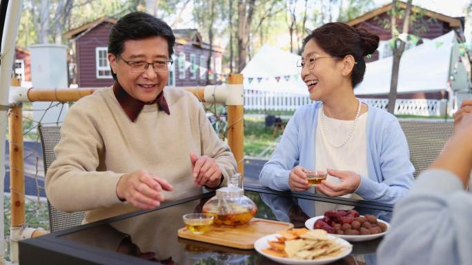 中老年人在露营地喝茶聊天