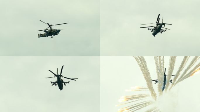 军用直升机发射照明弹以防止地面攻击