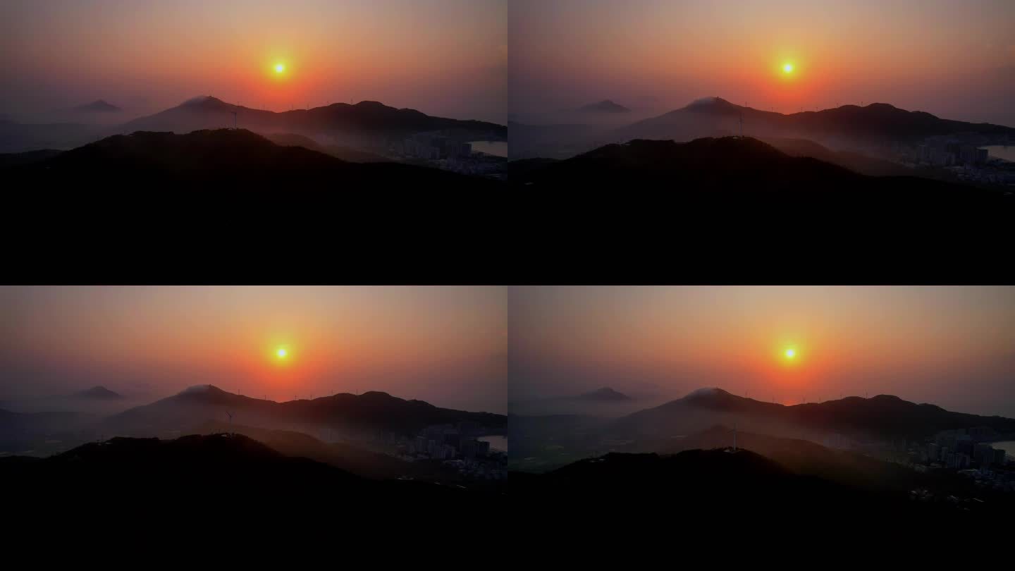 海岛风车山上日出，朝阳云雾风电