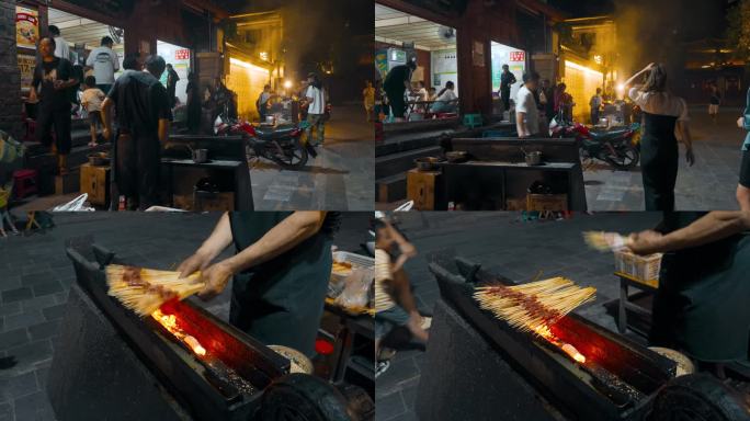 烤肉串视频云南巍山夜市小吃街烤羊肉串