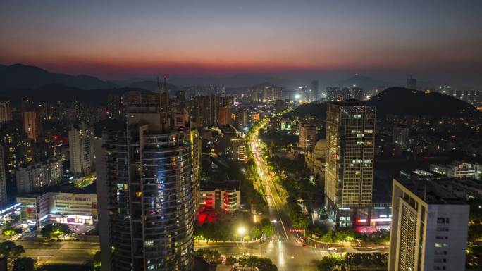 台州温岭高楼写字楼CBD日转夜景航拍延时