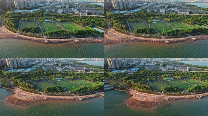 航拍深圳湾公园沙滩游客