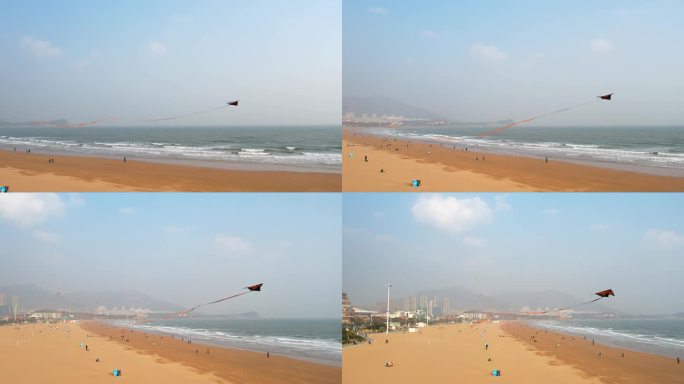4K航拍海边沙滩放风筝