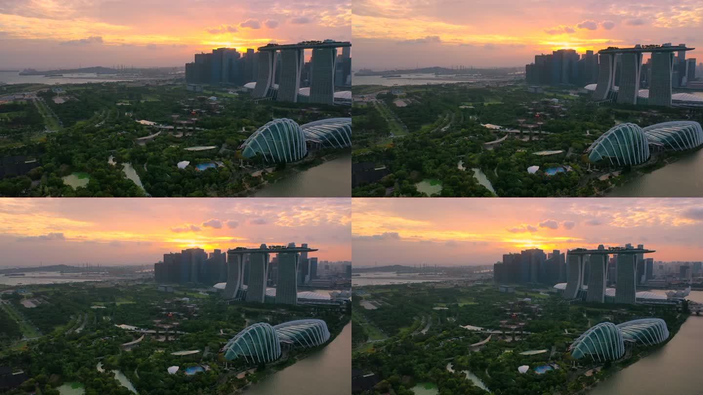 日落场景中新加坡天际线的无人机鸟瞰图