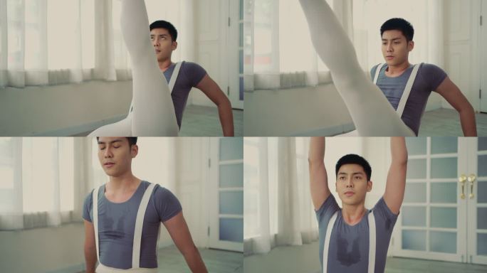 亚洲天才男子在工作室练习芭蕾动作