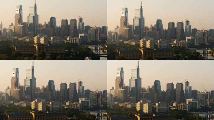 清晨的费城市中心全景，空气中弥漫着雾霾。带有转发摄像机运动的空中视频。