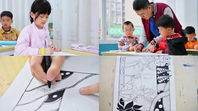 幼儿学生小孩在教室学水彩画钢笔画