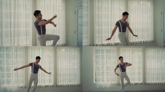 亚洲男子用腿和手臂练习身体的动作，以平衡姿势