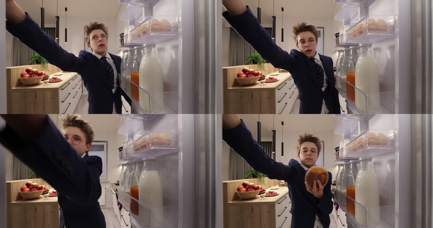从学校回来的十几岁男孩从冰箱里拿着一顿饭。