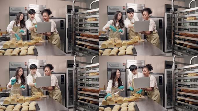 多种族的朋友企业家们一起愉快地准备和包装新鲜出炉的面包和面包，然后将其交付给客户，在网上获得订单，小