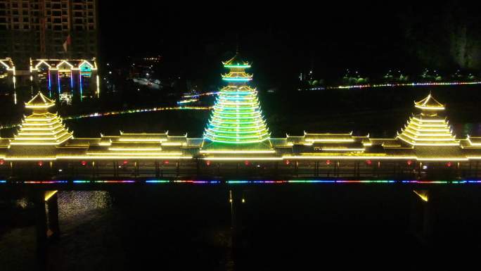 城市航拍湖南新晃晃州风雨桥夜景