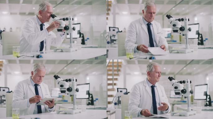 一位科学家在现代实验室使用显微镜和数字平板电脑的4k视频片段