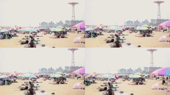 科尼岛海滩夏季避暑阳光沙滩人群遮阳