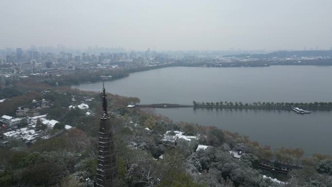 杭州西湖宝石山保俶塔冬季雪景航拍