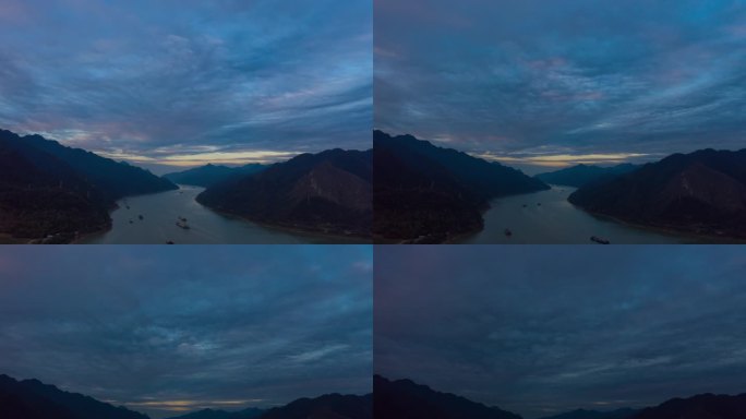 江河面日落彩云向前后运动船运延时航拍拍摄