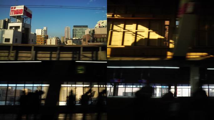 日本列车（新干线）在东京城市景观中运行，并在火车站通过，带有剪影的4K镜头，交通理念