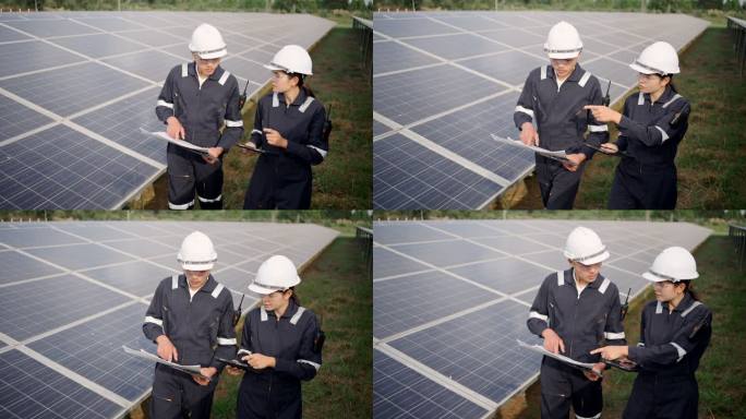 太阳能电池板发电站，电气工程师检查建筑外的太阳能电池场。