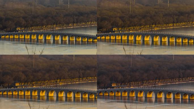 颐和园十七孔桥电视塔日落金光穿洞延时摄影