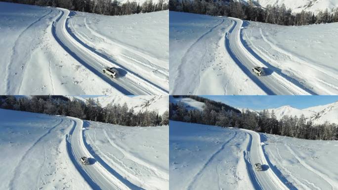 雪地行车 冰雪公路汽车航拍 丰田越野车