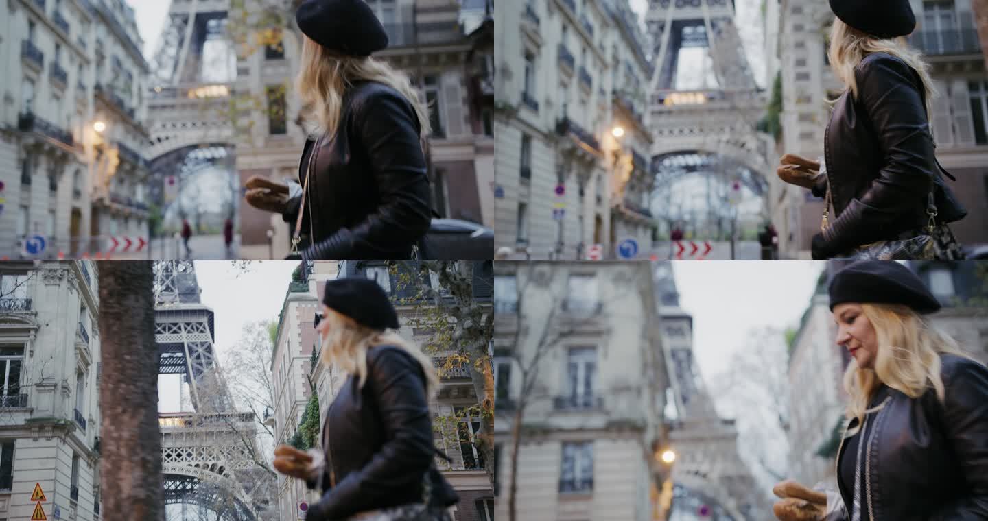 SLO MO时尚的法国女人沿着埃菲尔铁塔带着法棍走在街上