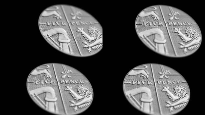 金融图表背景股票视频上英镑硬币的跟踪镜头-英国英镑硬币真实动画背面和正面-1便士-5，10，20，5