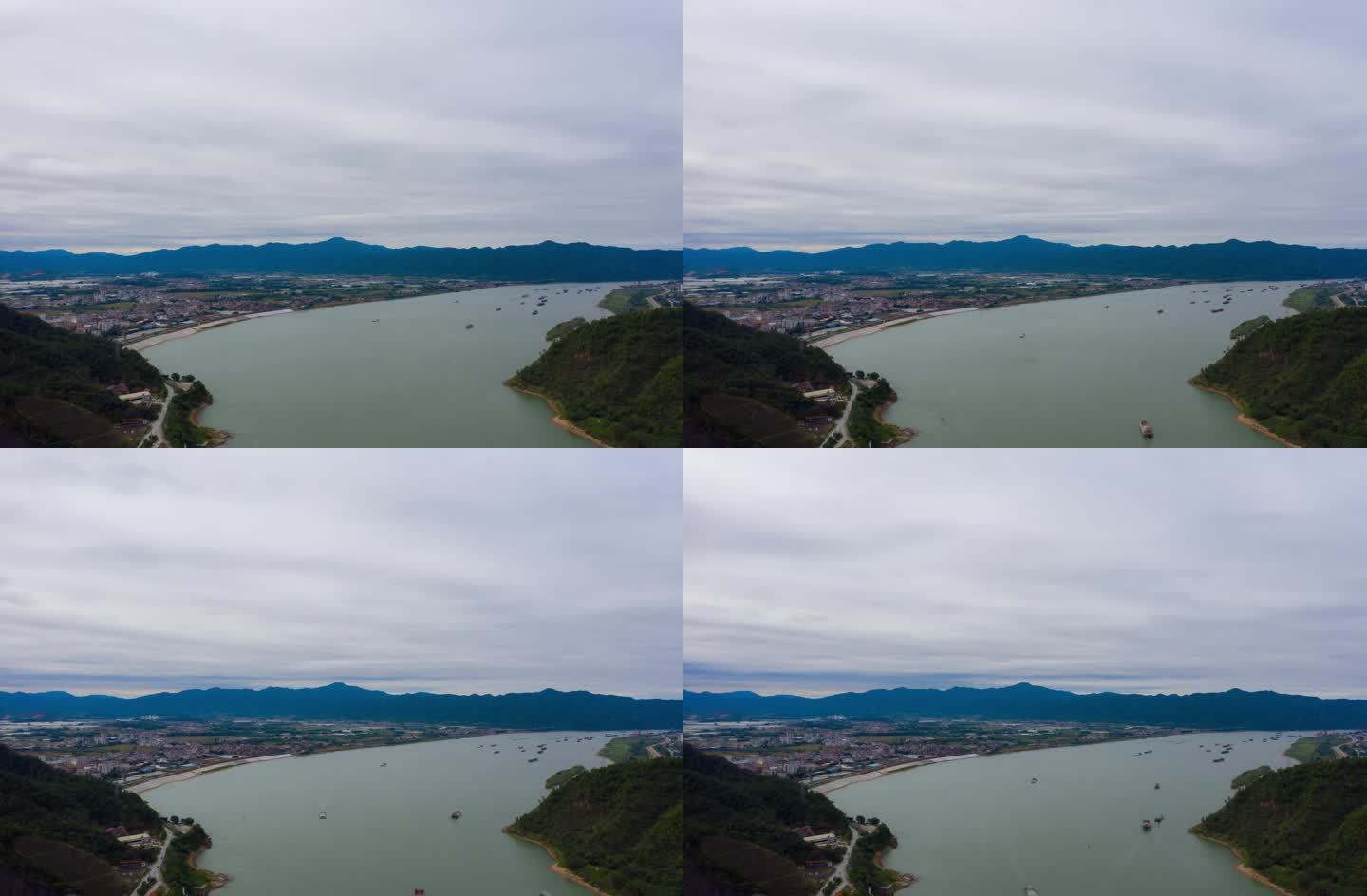 江河湖面上货船船运云朵延时航拍摄影