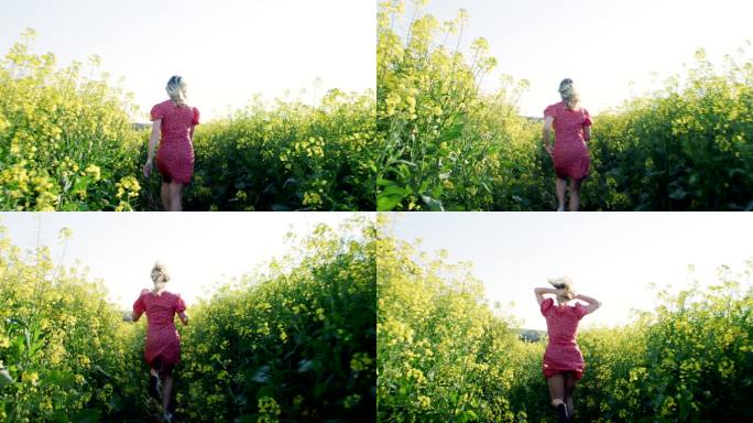 4k视频画面显示，一名年轻女子在油菜花盛开的田野上奔跑