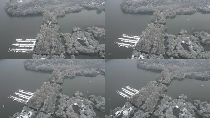 杭州西湖杨公堤冬季雪景航拍风光
