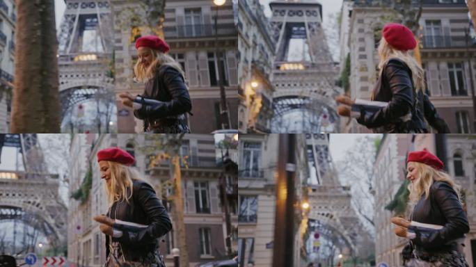 SLO MO Voguis法国女人拎着法棍沿着埃菲尔铁塔走在街上