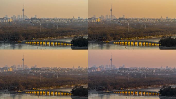 颐和园十七孔桥电视塔日落金光穿洞延时摄影