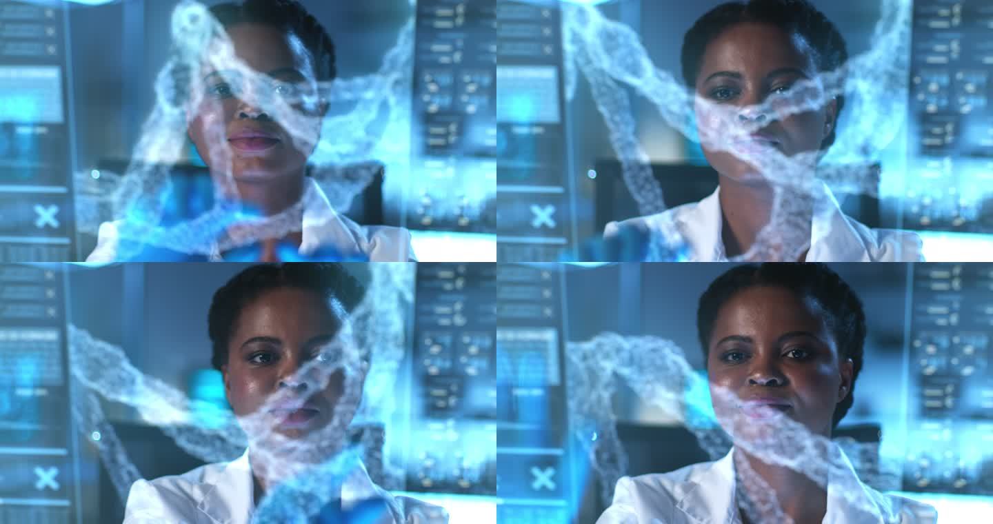 一位非洲裔美国科学家在HUD屏幕后面特写，屏幕上有一个医学模型
