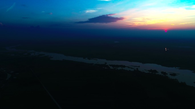 航拍怀柔水库落日 夕阳西下 晚霞