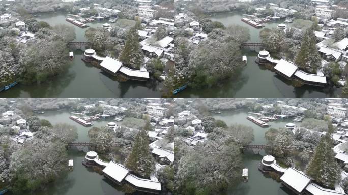 航拍杭州西湖冬季雪景 茅家埠景区